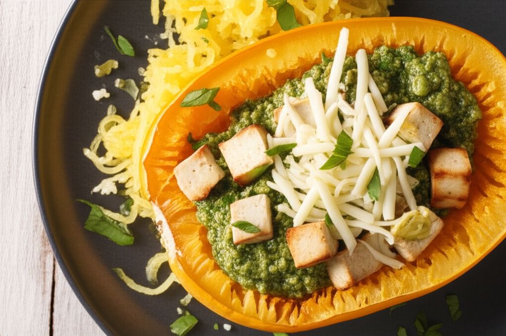Spaghetti Squash with Pesto and Tofu