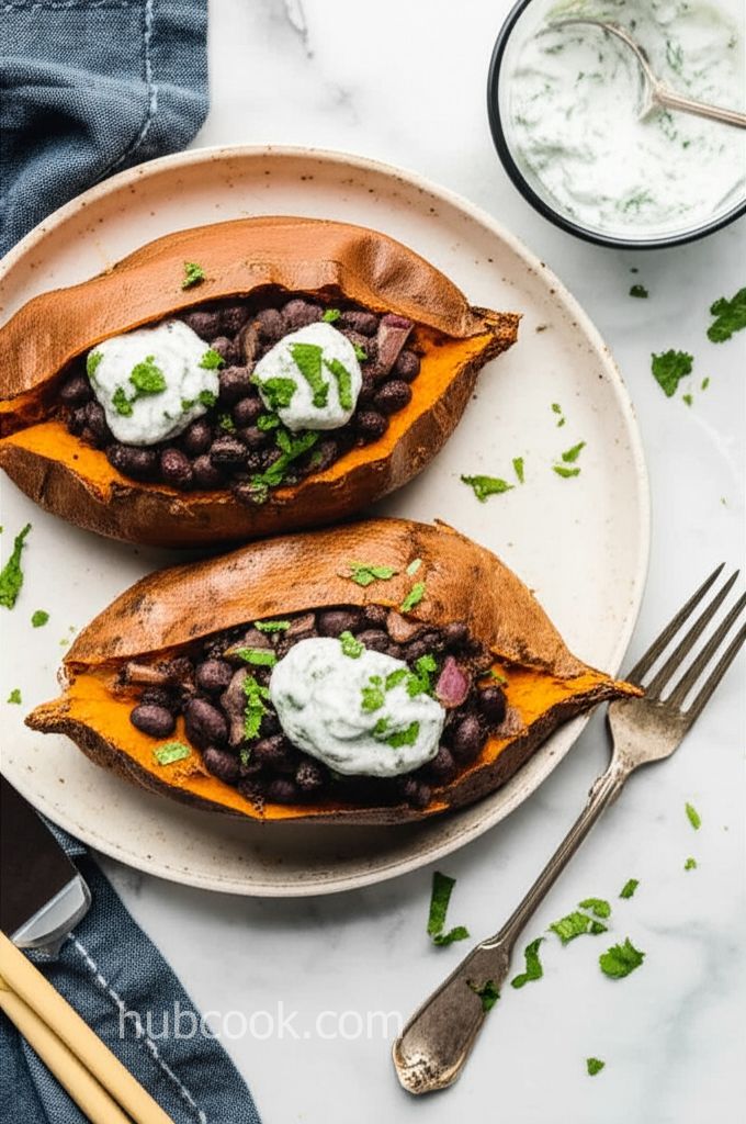 Grilled Sweet Potatoes with BBQ Baked Beans and Cilantro Cream