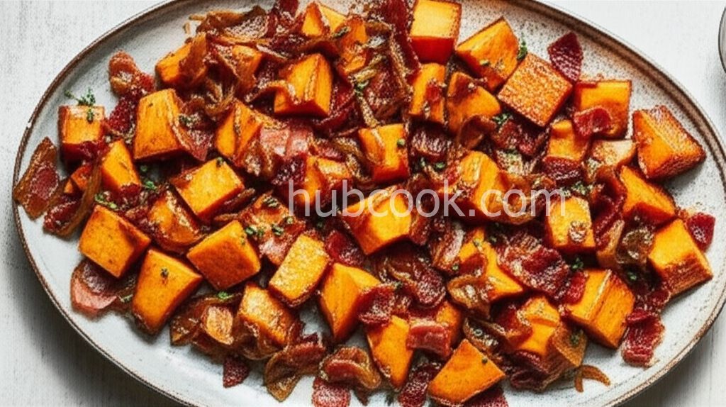 Maple Glazed Sweet Potatoes with Bacon and Caramelized Onions
