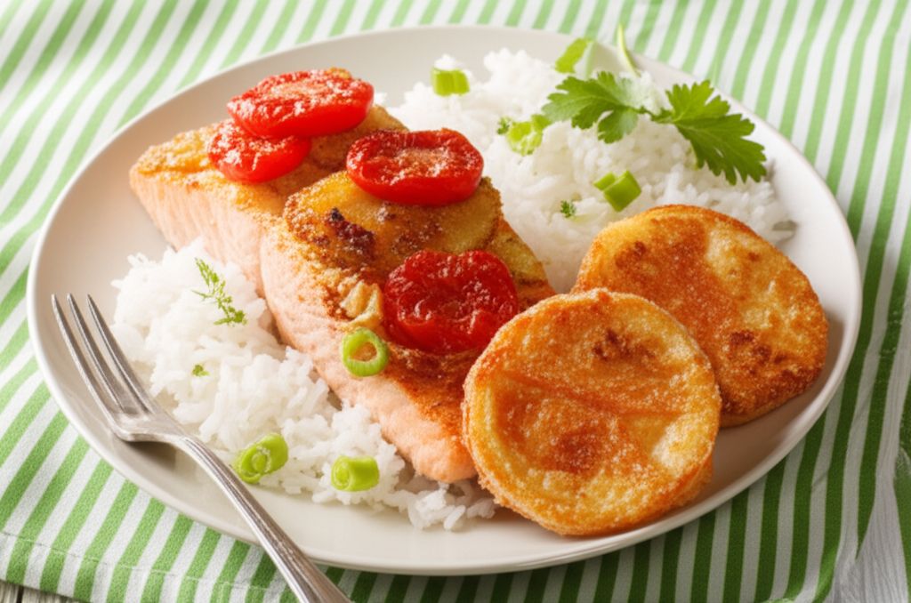 Salmon, Rice, and Fried Tomatoes