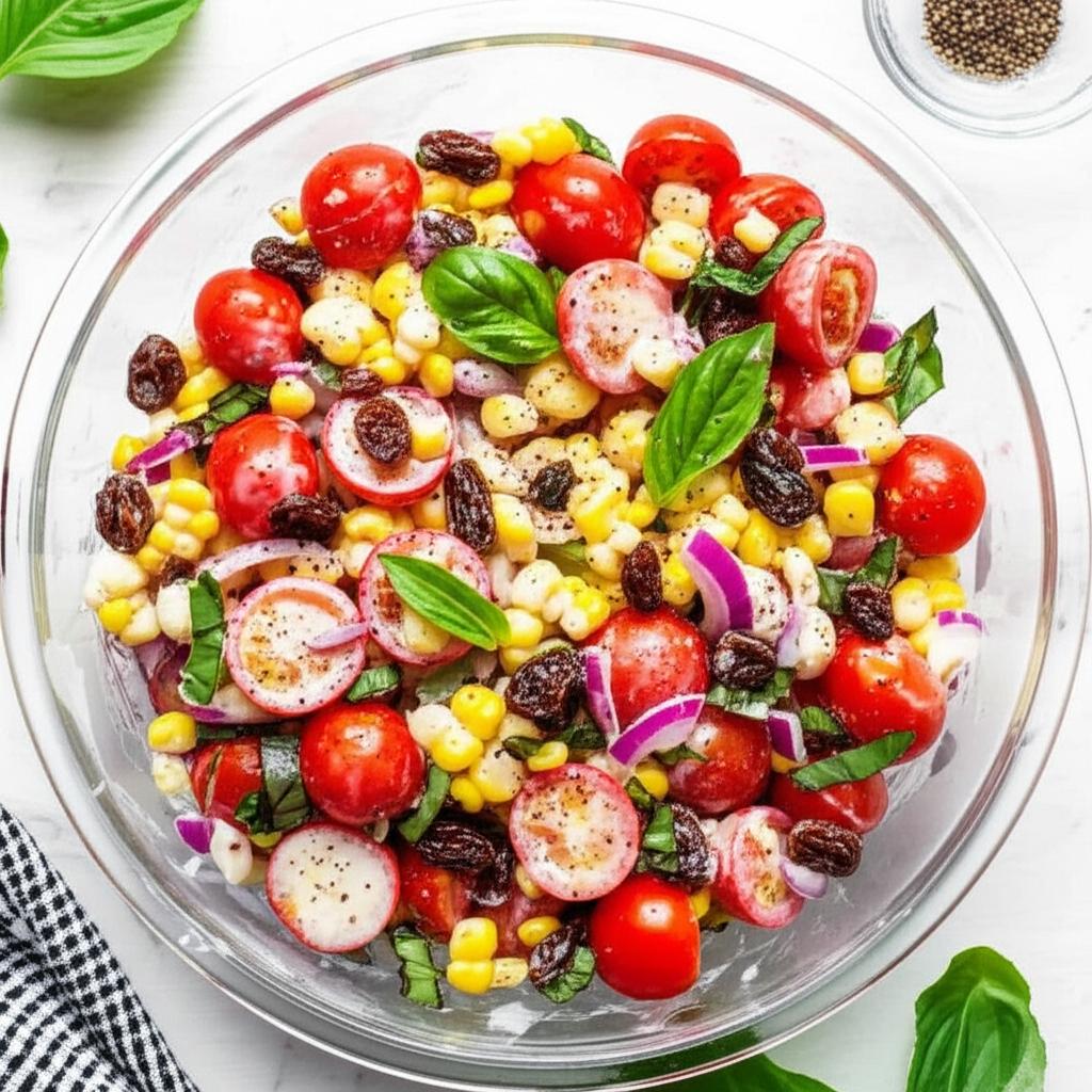 Creamy Cherry Tomato Salad with Fresh Basil, Corn and Onion