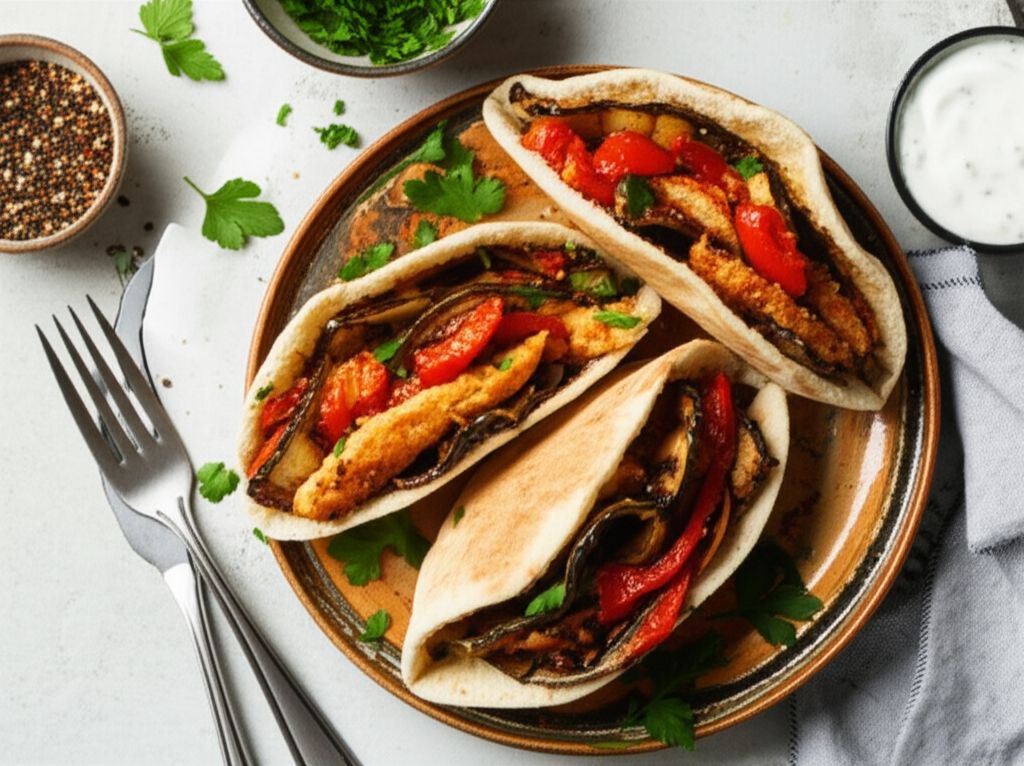 Eggplant, Roasted Pepper and Chicken Pitas