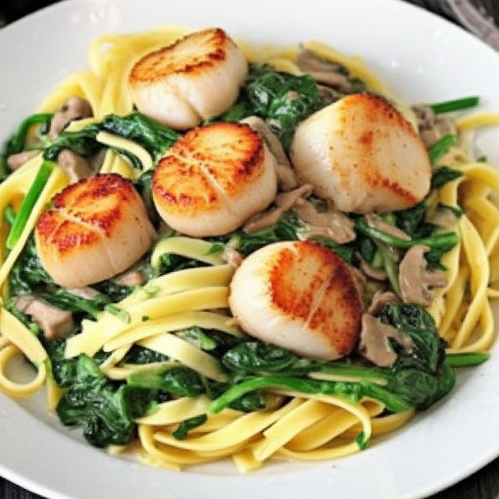 New Year Spinach Fettuccine with Scallops