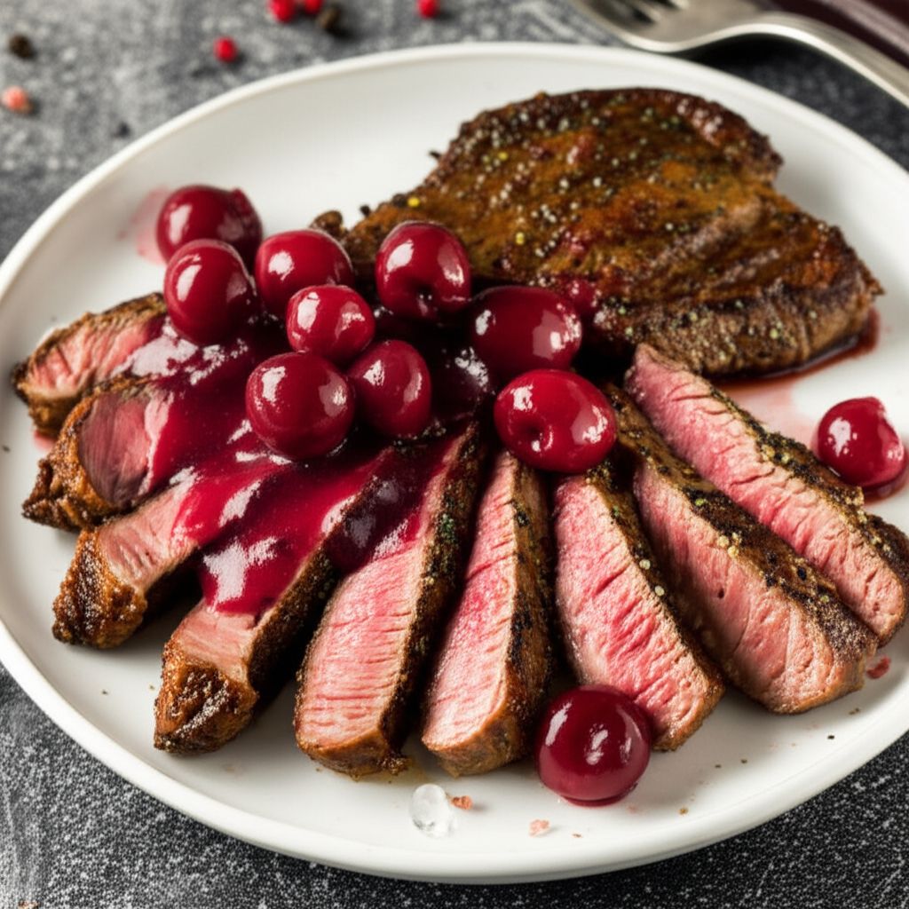 New York Steaks with a Vanilla and Cherry Sauce