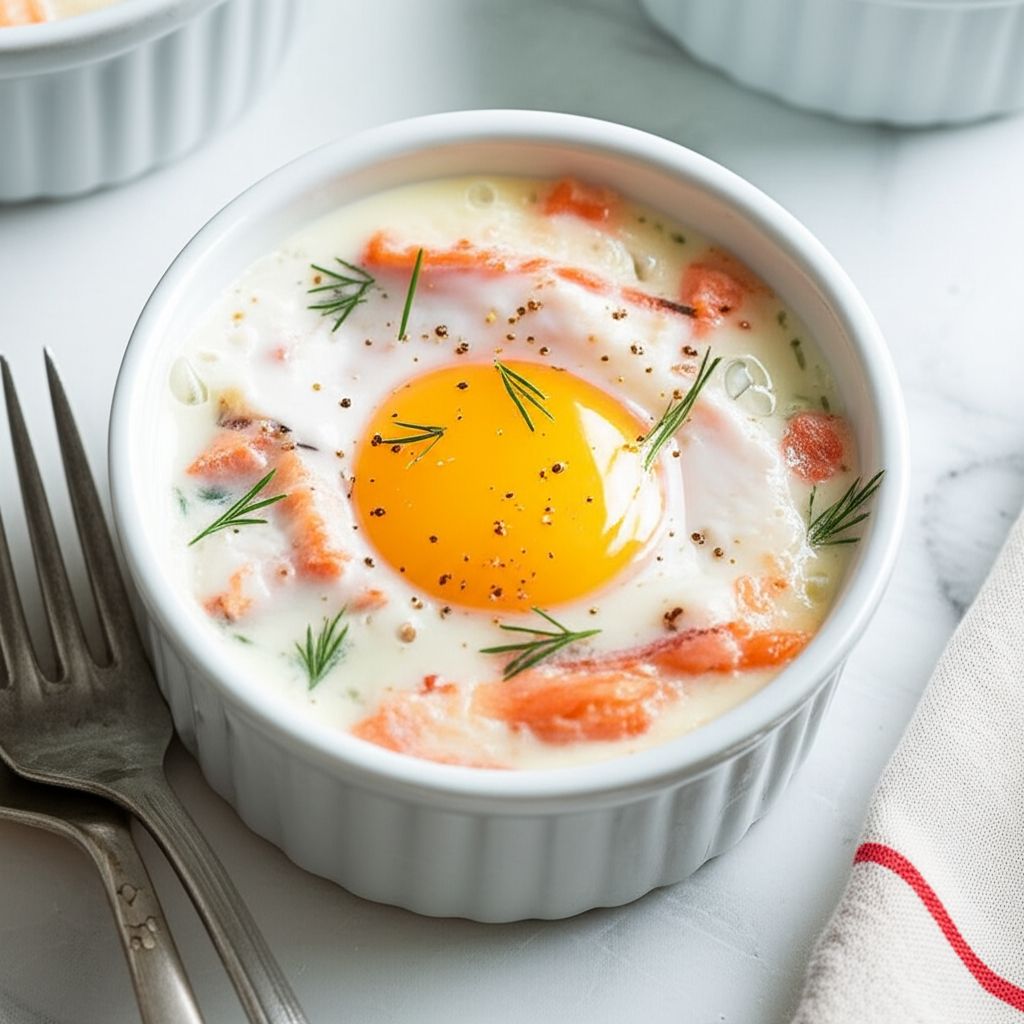 Oeufs Cocottes au Saumon (Baked Eggs with Smoked Salmon)