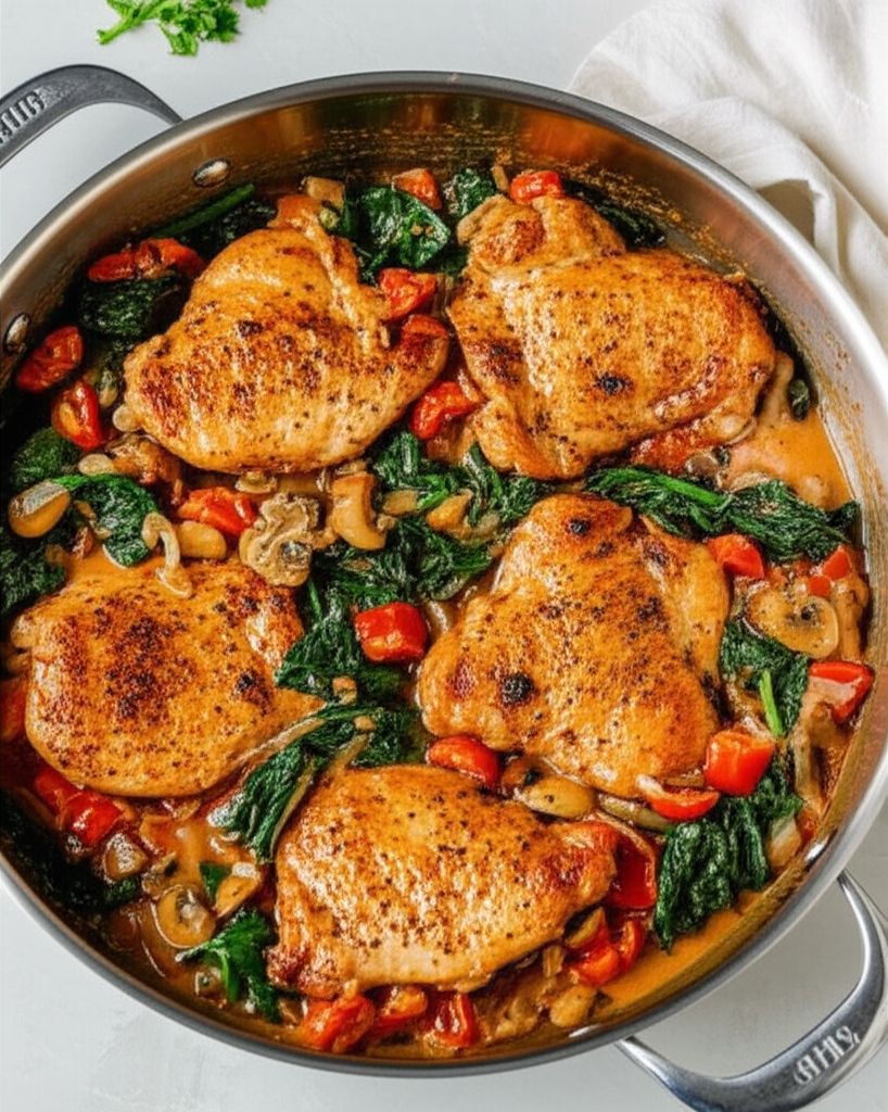 Pan-Braised Chicken with Vegetables in Balsamic-Cream Sauce