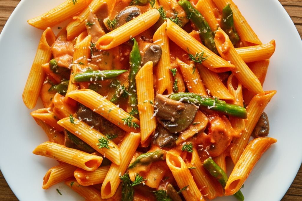 Penne with Asparagus and Mushrooms