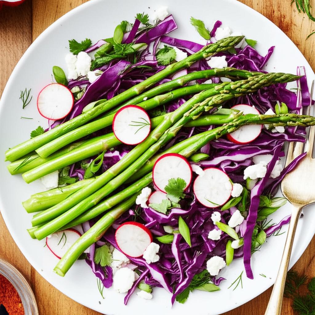 Red Cabbage-Asparagus Salad with Tahini Dressing