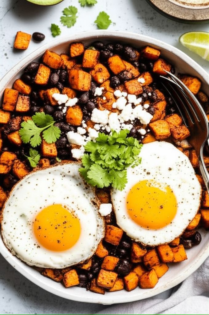 Roasted Sweet Potato, Black Bean, and Chorizo Breakfast Bowls