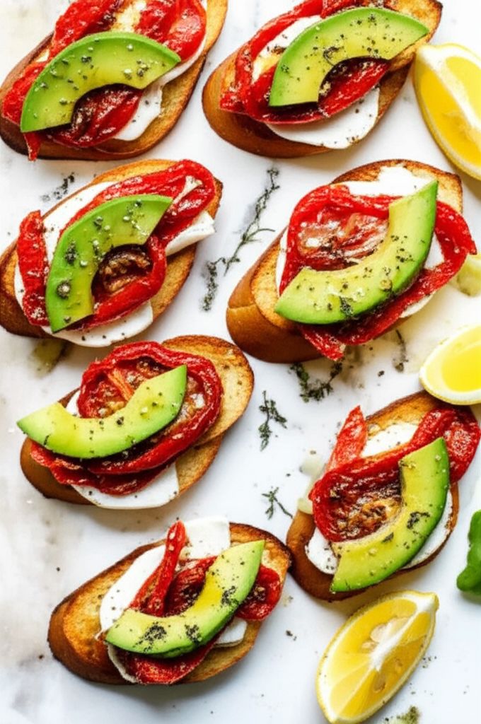 Roasted Tomato, Avocado, and Fresh Mozzarella Crostini