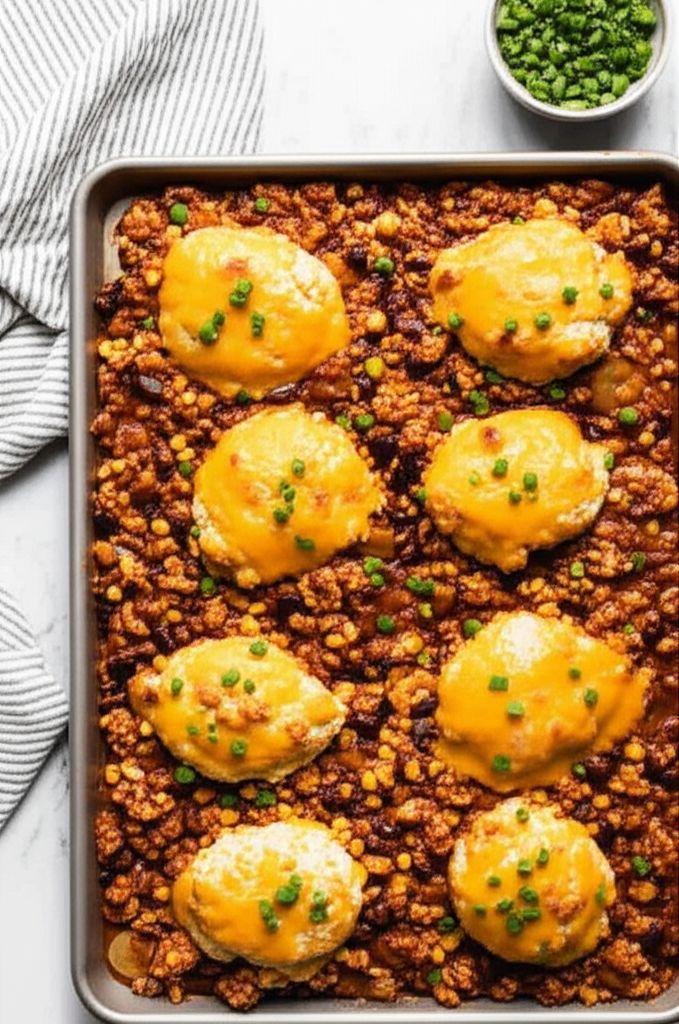 Sheet Pan Turkey Chili with Cornbread "Dumplings"