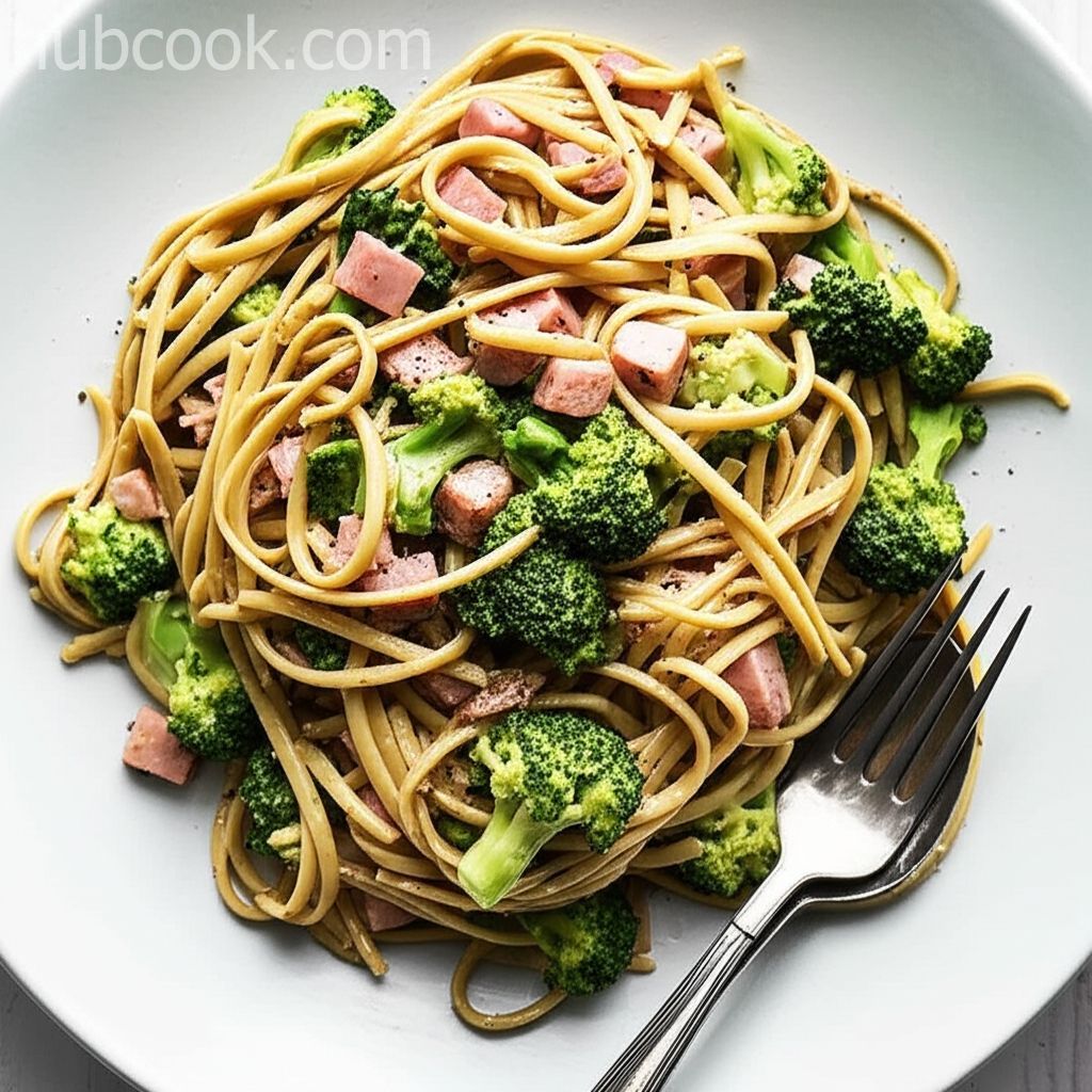Spinach Fettuccini with Broccoli and Ham