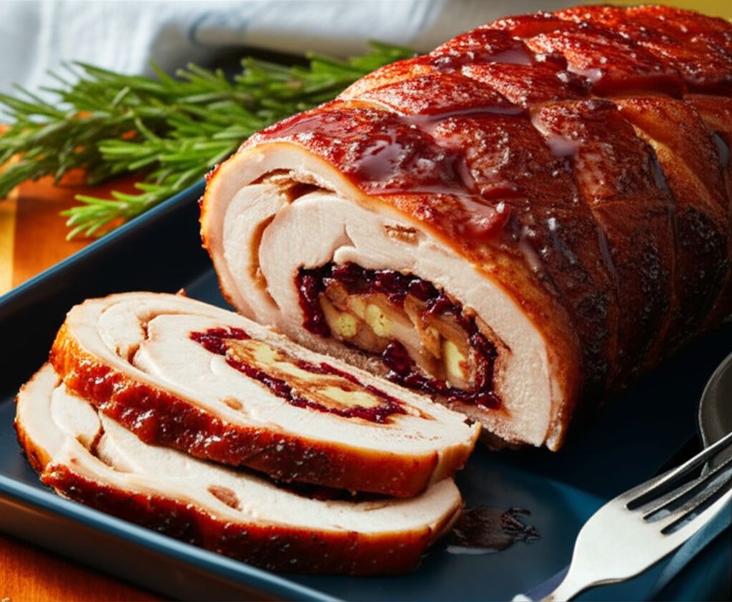 Apricot and Cranberry Stuffed Roast Pork Loin With Port Wine Pan Sauce