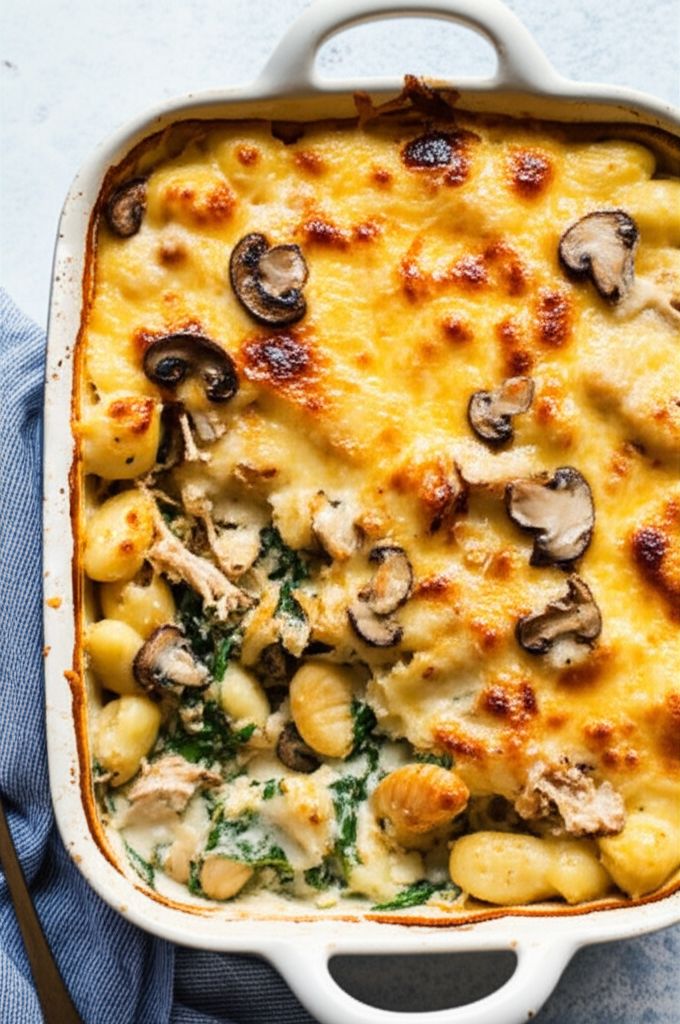 Baked Mushroom, Spinach, and Chicken Gnocchi