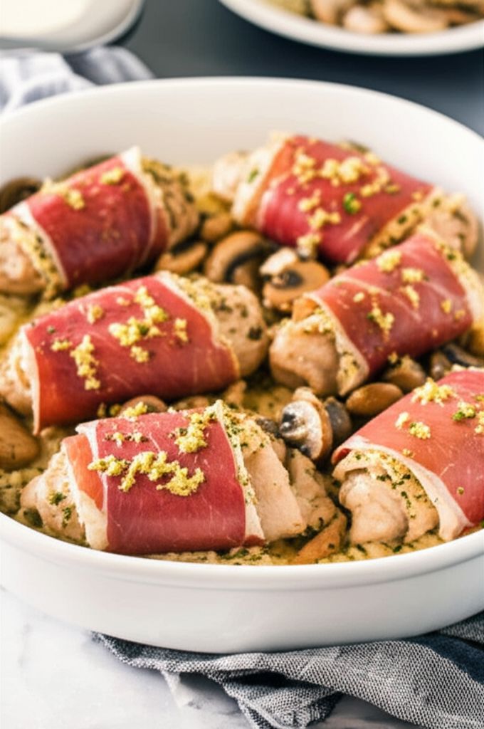 Chicken with Mushrooms, Prosciutto, and Cream Sauce