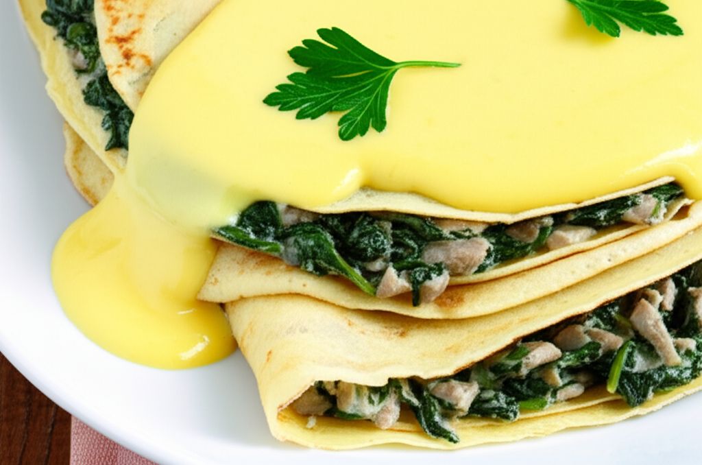 Crepes with Spinach, Bacon and Mushroom Filling