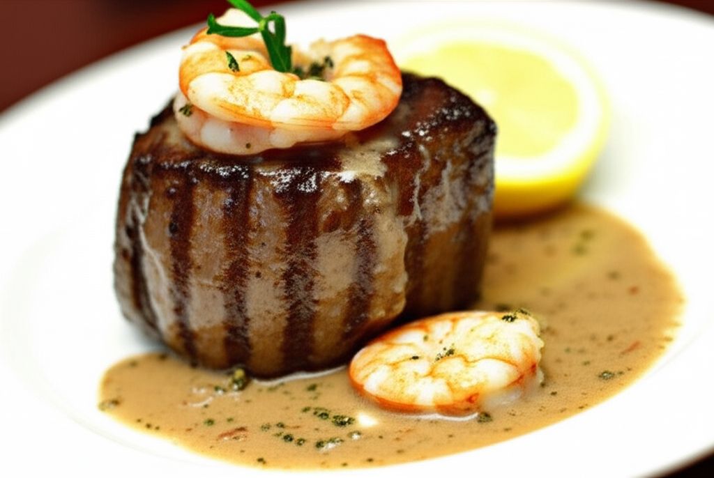 Filet Mignon with Garlic Shrimp Cream Sauce