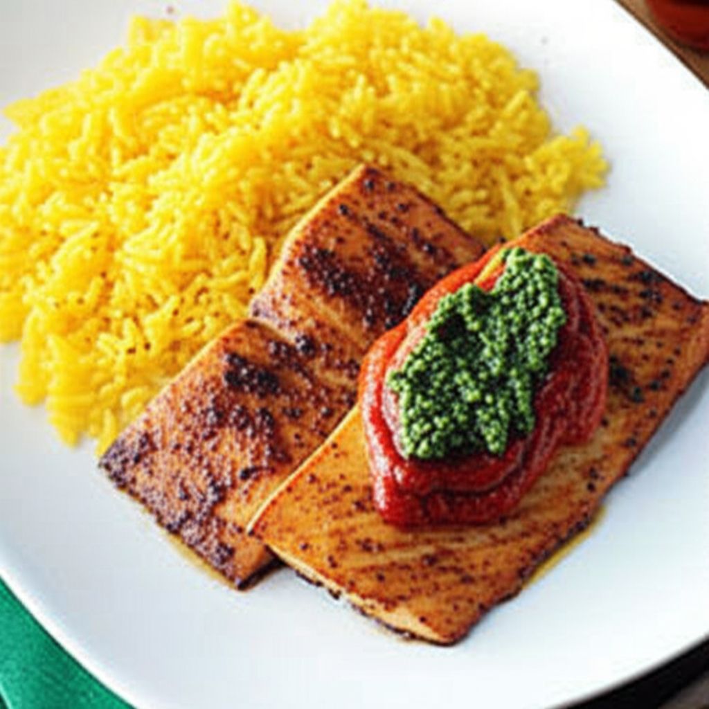 Grilled Mahi Mahi with Roasted Pepper Sauce and Cilantro Pesto