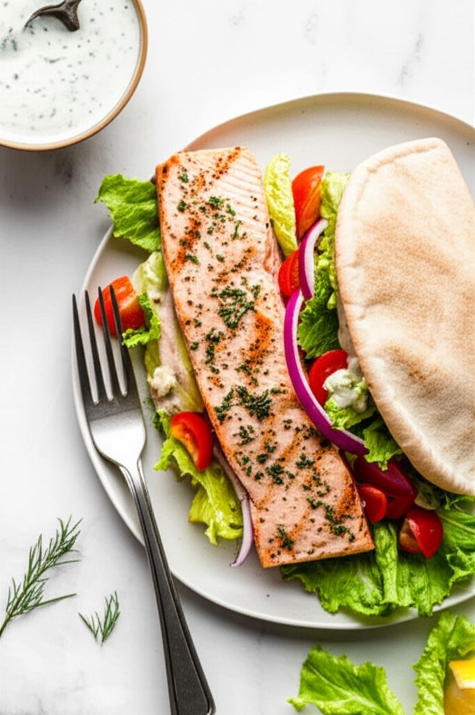 Grilled Salmon Greek Pitas
