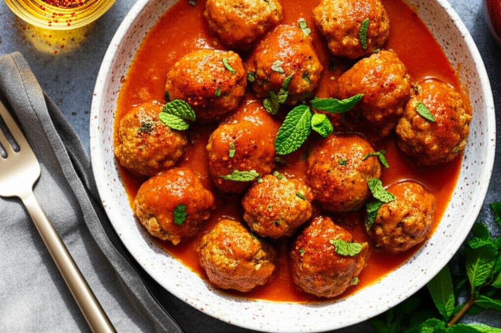 Little Lamb Meatballs in a Spicy Eggplant Tomato Sauce