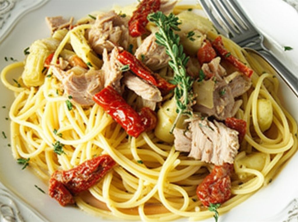 Pasta with Tuna, Sun-Dried Tomatoes, Artichoke Hearts, Lemon, and White Wine