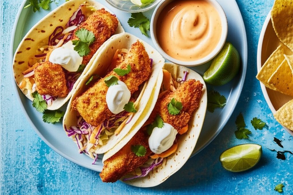Fish Tacos with Honey-Cumin Cilantro Slaw and Chipotle Mayo