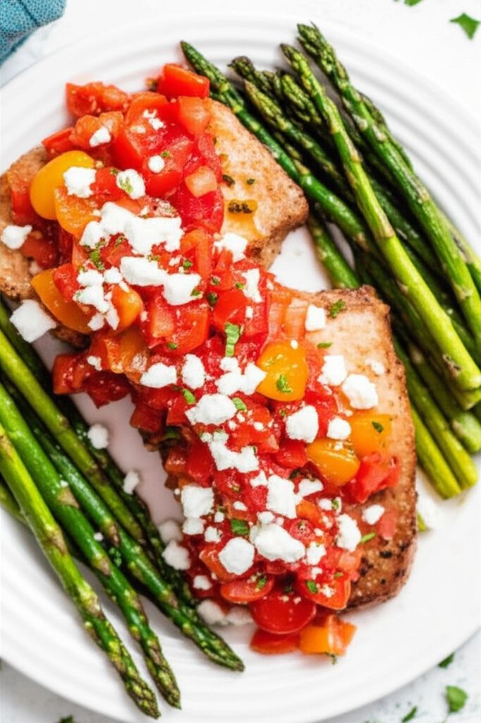 Pork Chops with Fresh Tomato, Onion, Garlic, and Feta