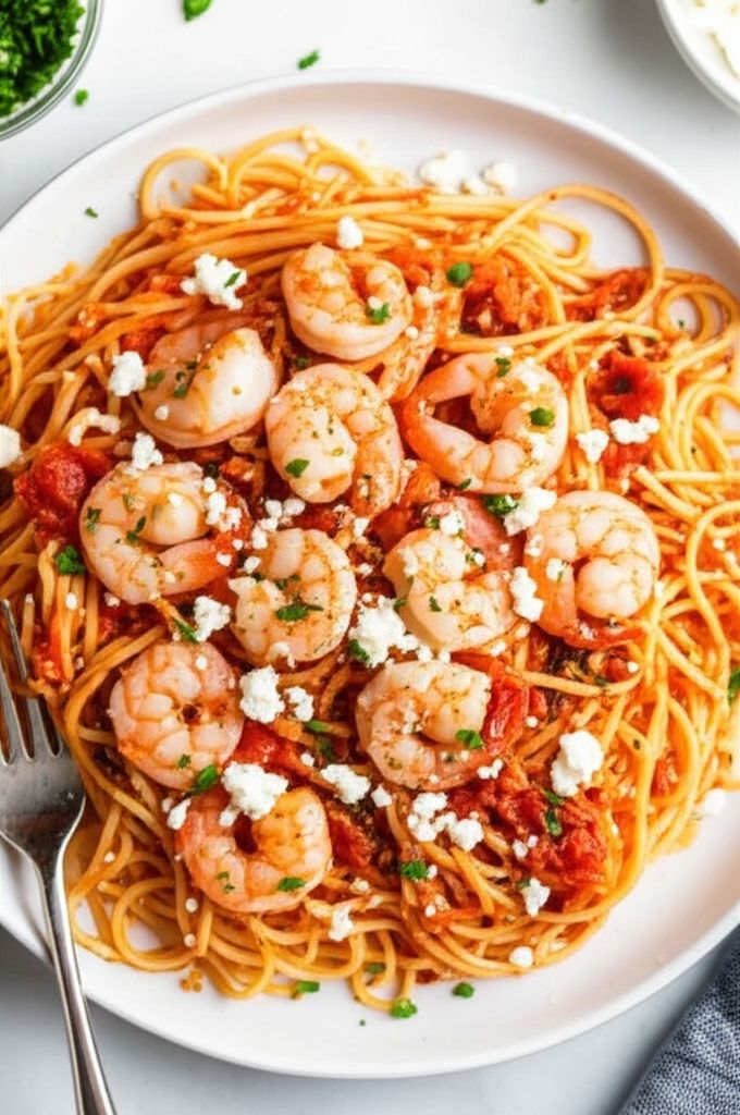 Roasted Tomato Pasta with Feta and Shrimp
