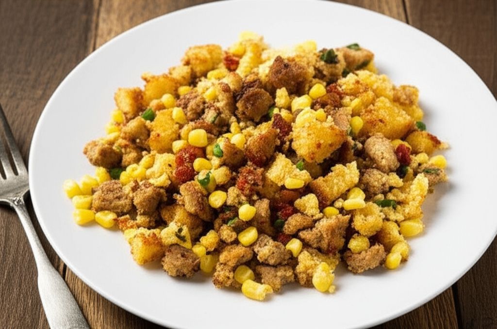 Scrambled Eggs with Sausage and Cornbread