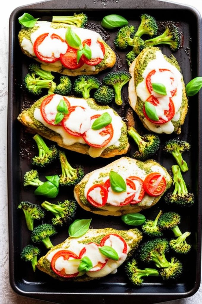 Sheet Pan Chicken with Mozzarella, Pesto, and Broccoli