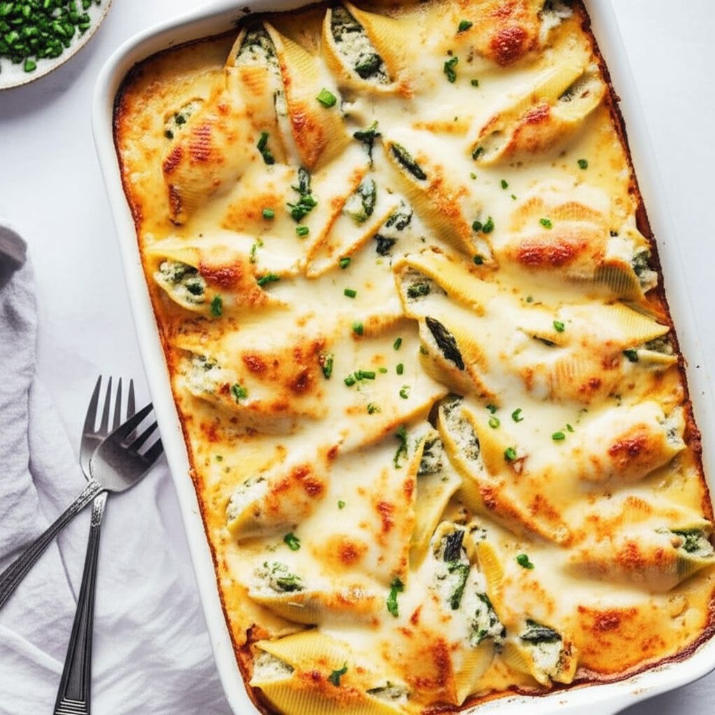 Jumbo Shells with Asparagus, Prosciutto, Ricotta Cheese and Three Cheese Sauce