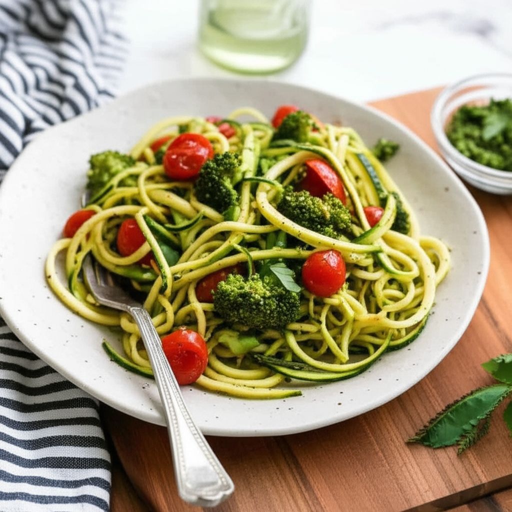 Pesto Zucchini Noodles with Tomatoes and Broccoli