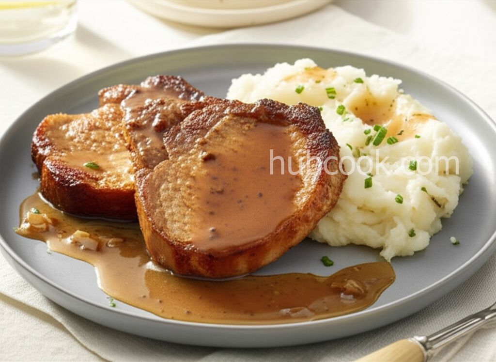 Pork Chops with Oniony Mashed Potatoes and Cider Gravy