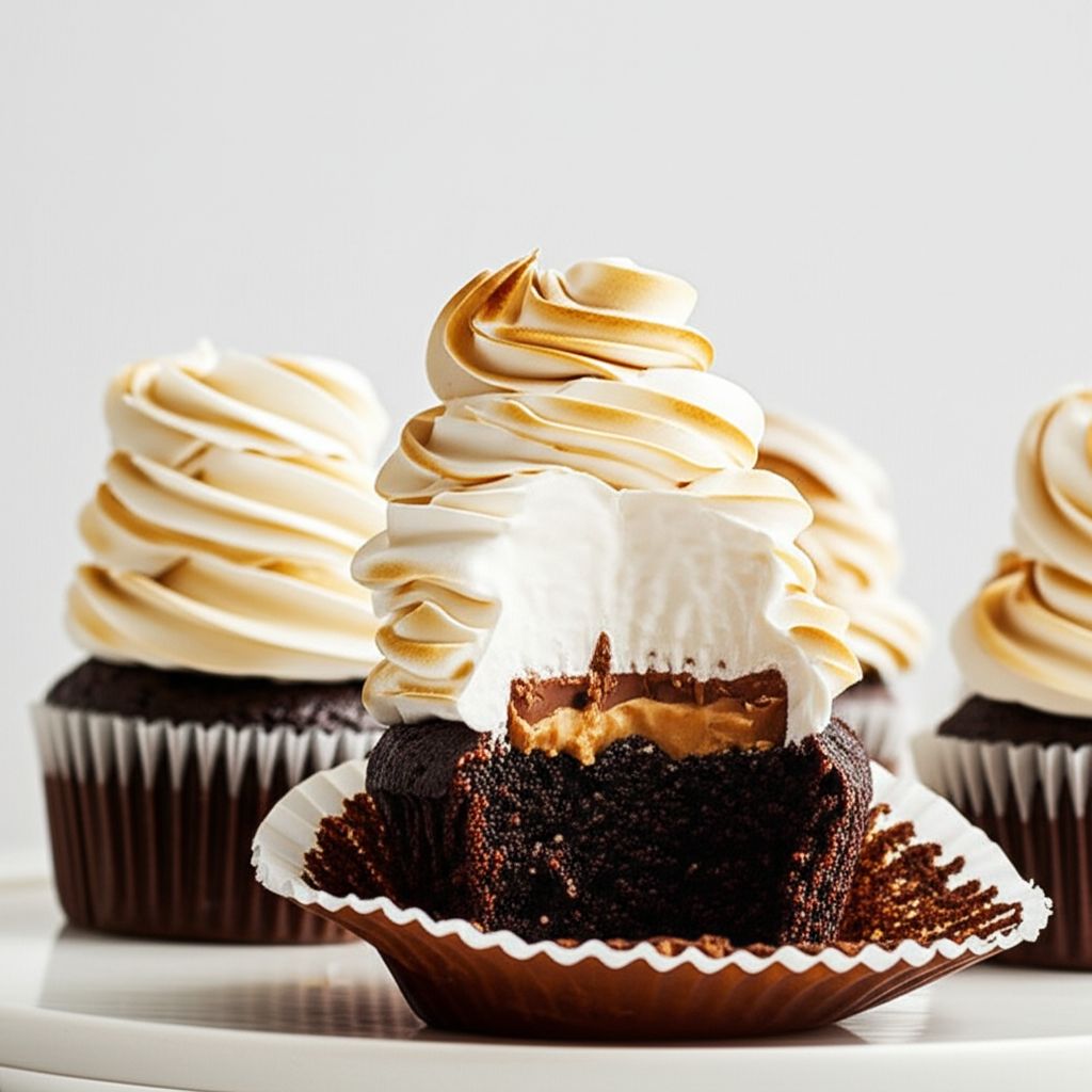 Peanut Butter Cup Chocolate Cupcakes with Toasted Peanut Butter Meringue Frosting