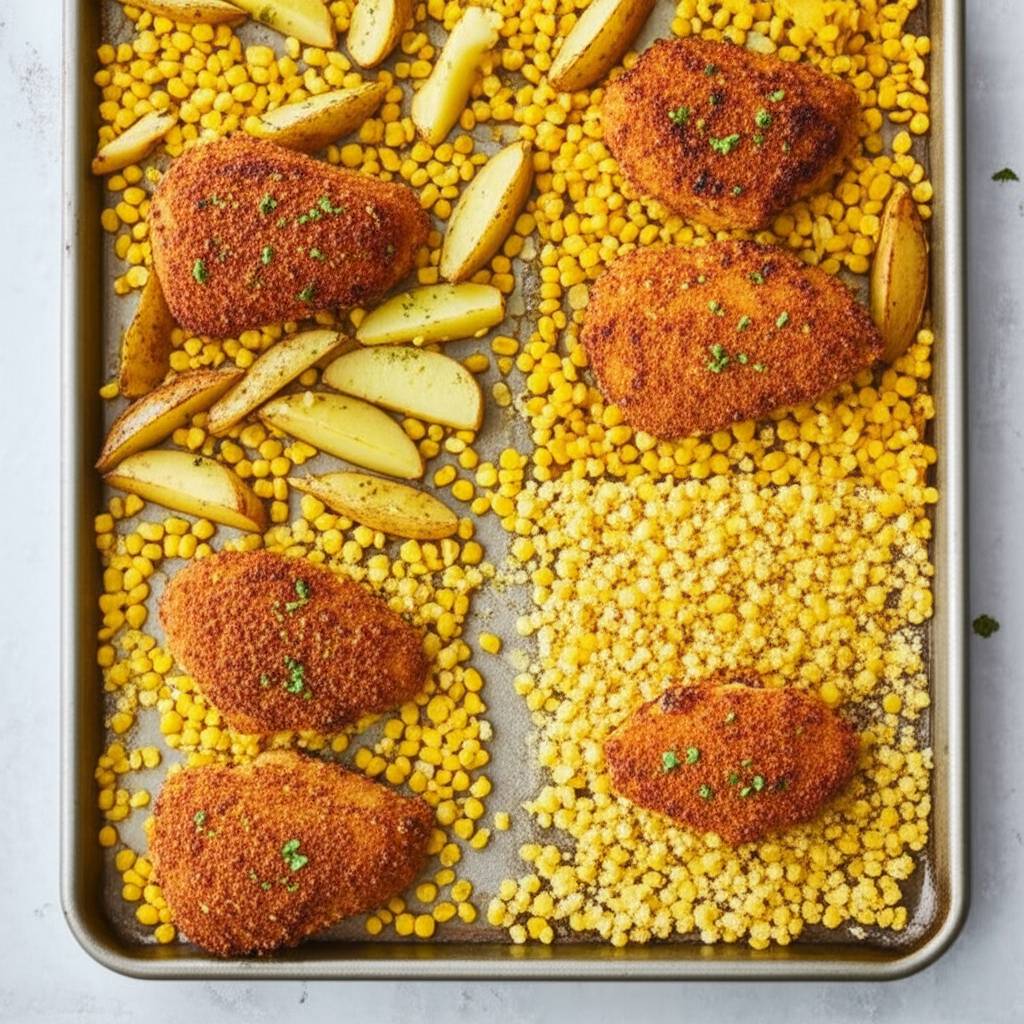 Honey Mustard Chicken Sheet Pan Dinner with Potatoes and Corn