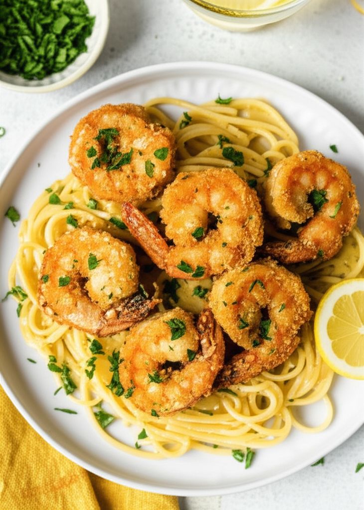 Shrimp Francese over Linguine