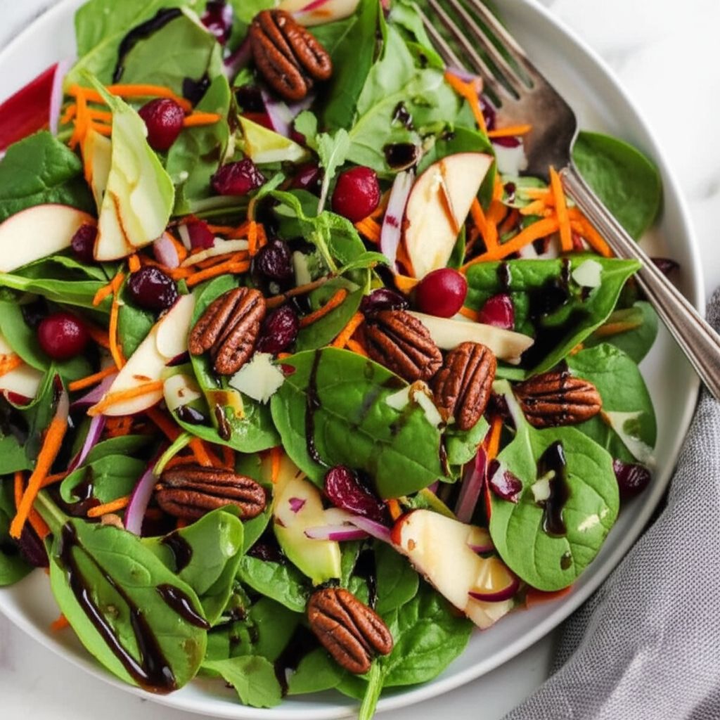 Apple, Pecan, Cranberry, and Avocado Spinach Salad with Balsamic Dressing