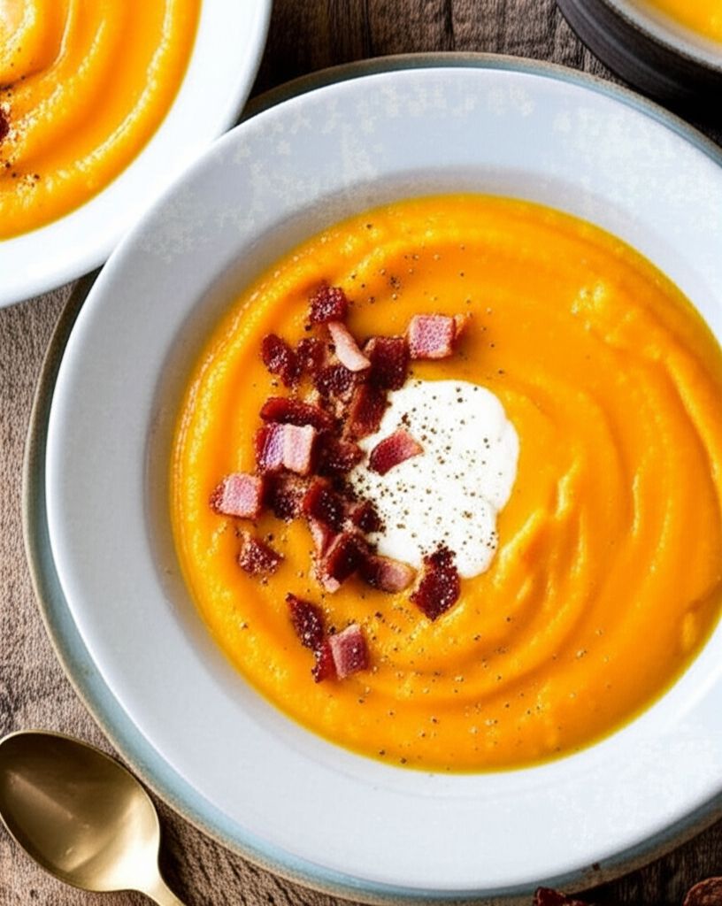 Spicy Roasted Butternut Squash, Pear, and Bacon Soup
