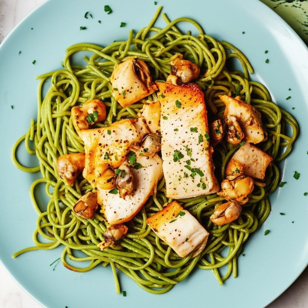 Escargot and Pollock over Spinach Noodles