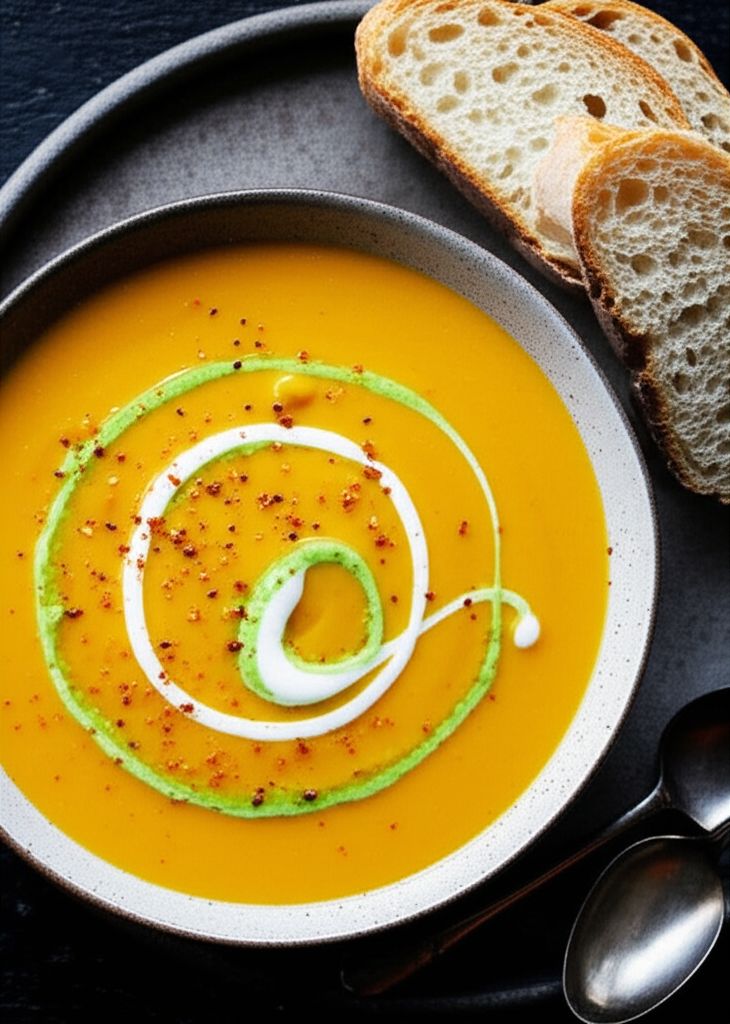 Tangy Pumpkin Soup with Green Chili Swirl