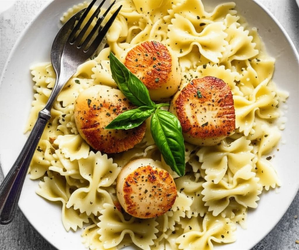 Basil Pan-Seared Scallops over Pasta