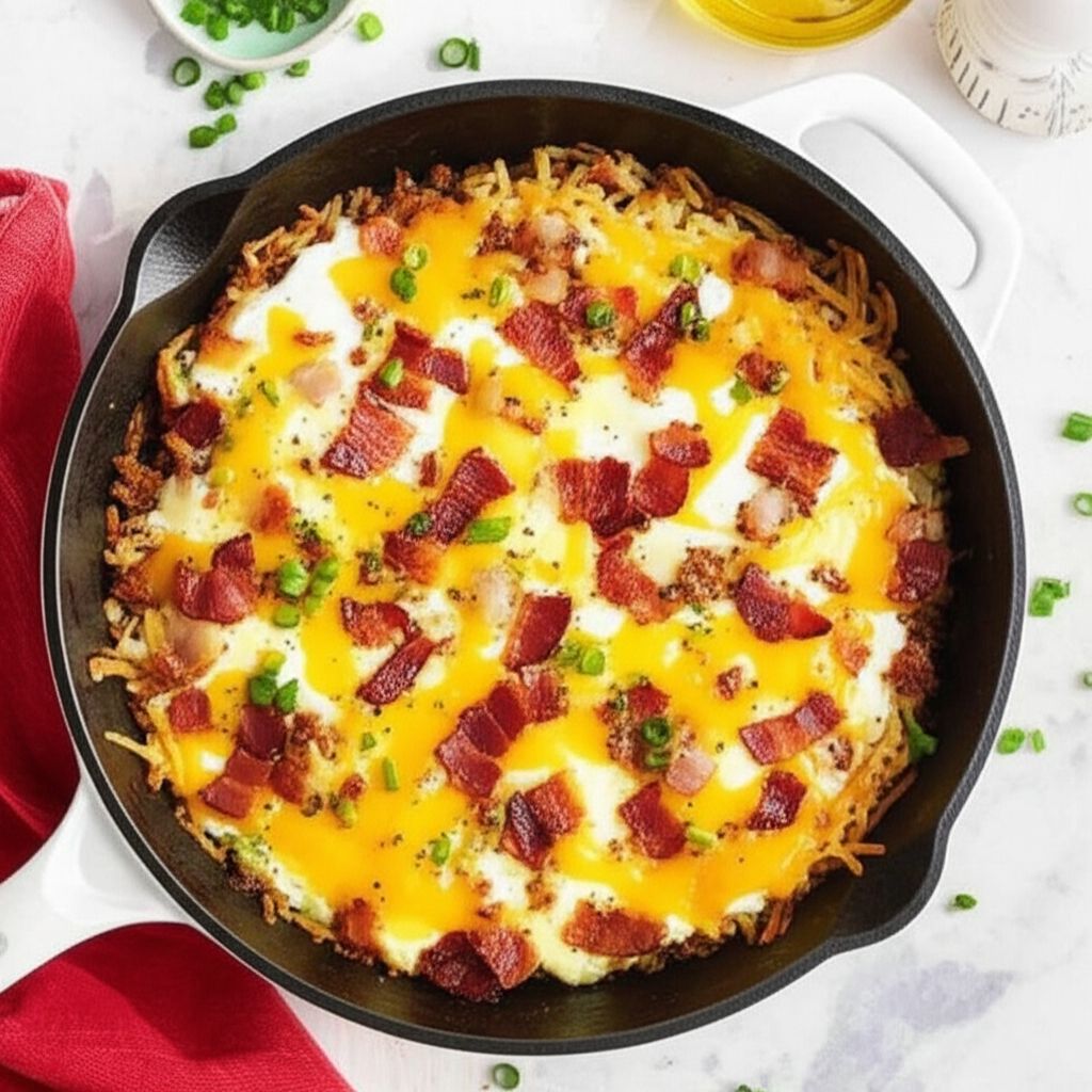 Cheesy Bacon, Sausage, and Egg Hash Brown Skillet