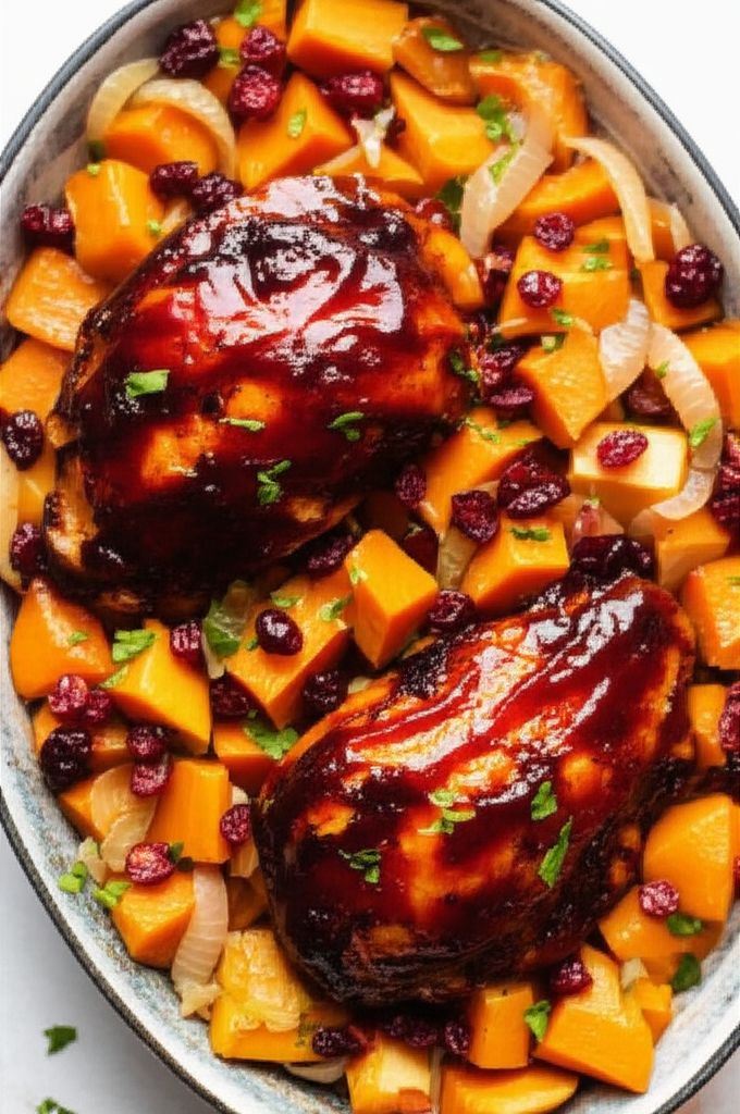 Baked BBQ Chicken with Sweet Potato and Cranberries