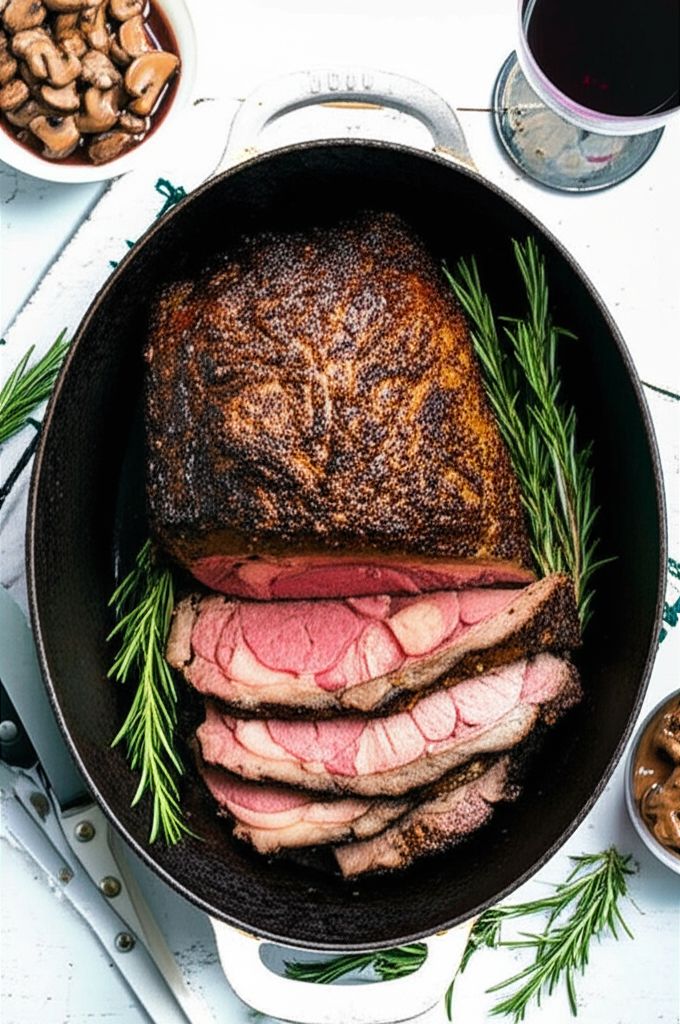 Boneless Garlic and Rosemary Rubbed Prime Rib with Red Wine Mushroom Sauce