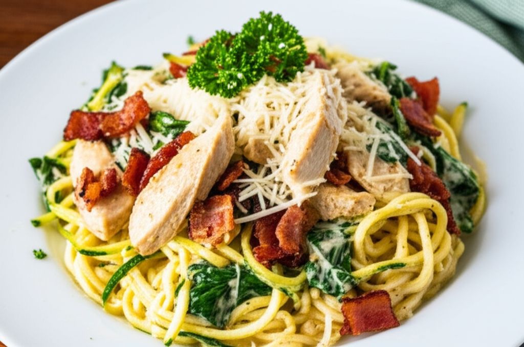 One-Pan Creamy Chicken and Bacon Zucchini Noodles